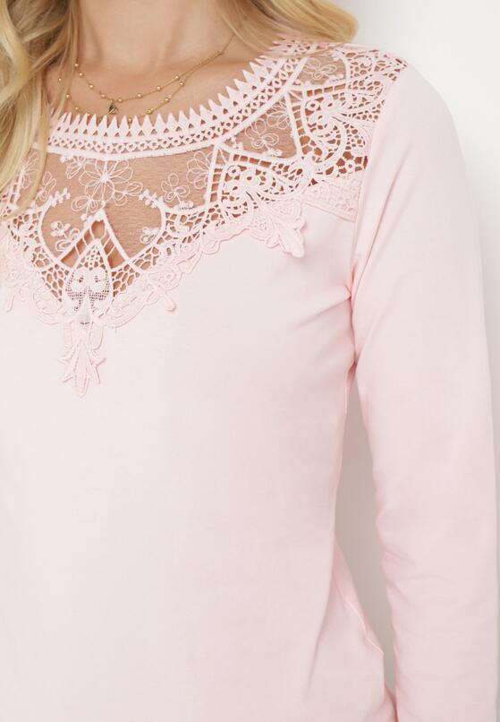 Różowa Bluzka z Koronkowym Dekoltem z Elastycznej Bawełny Roshana 5
