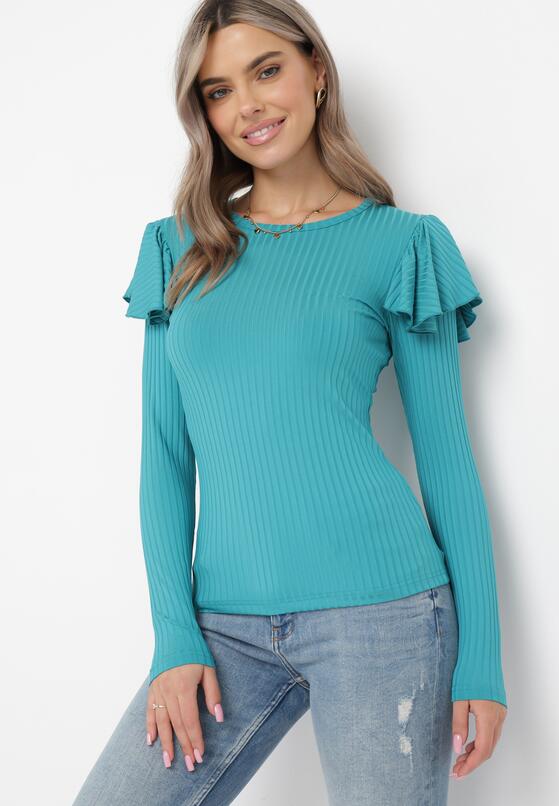 Miętowa Bluzka z Prążkowanej Dzianiny i Falbankami Onamese 2