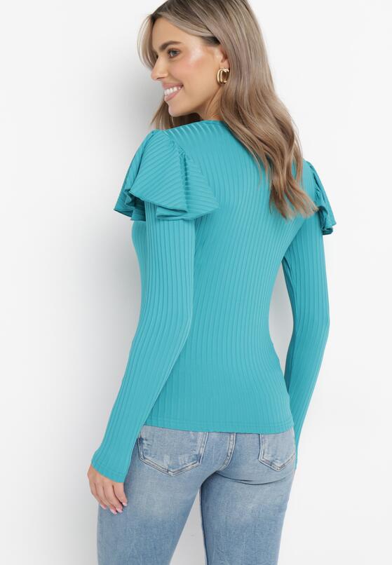 Miętowa Bluzka z Prążkowanej Dzianiny i Falbankami Onamese 3