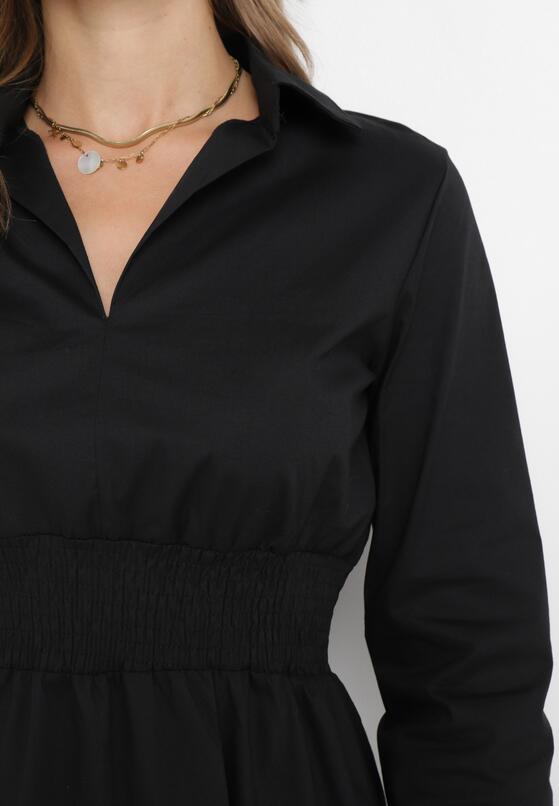 Czarna Bawełniana Mini Sukienka z Gumką w Talii o Rozkloszowanym Fasonie z Kołnierzykiem Nevisse 5