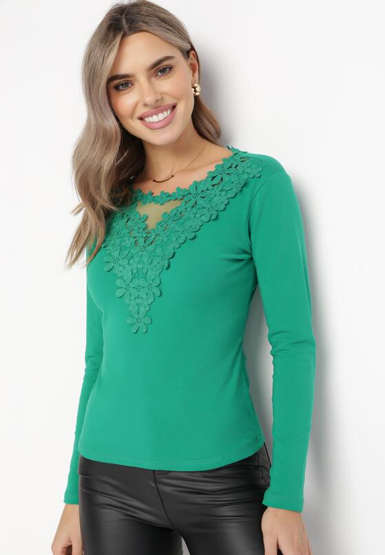 Zielona Bluzka z Ozdobnym Dekoltem z Naszywkami Lilioda 2