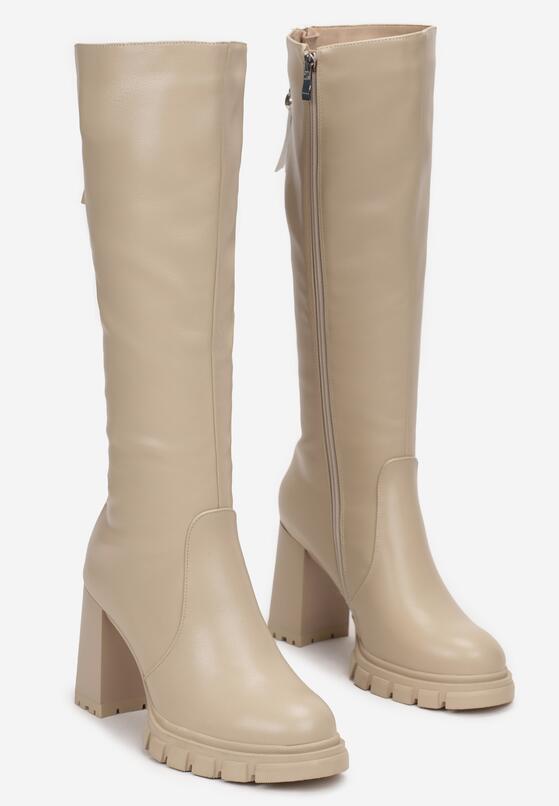 Beżowe Kozaki na Obcasie i Platformie z Tłoczeniem Sallima 4