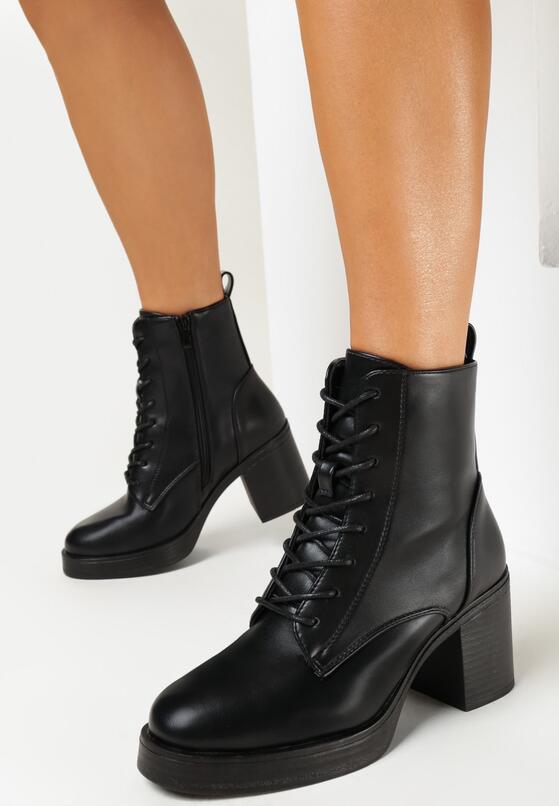 Czarne Botki na Słupku ze Sznurowaniem Irame 2