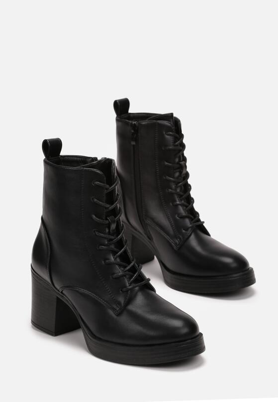 Czarne Botki na Słupku ze Sznurowaniem Irame 4