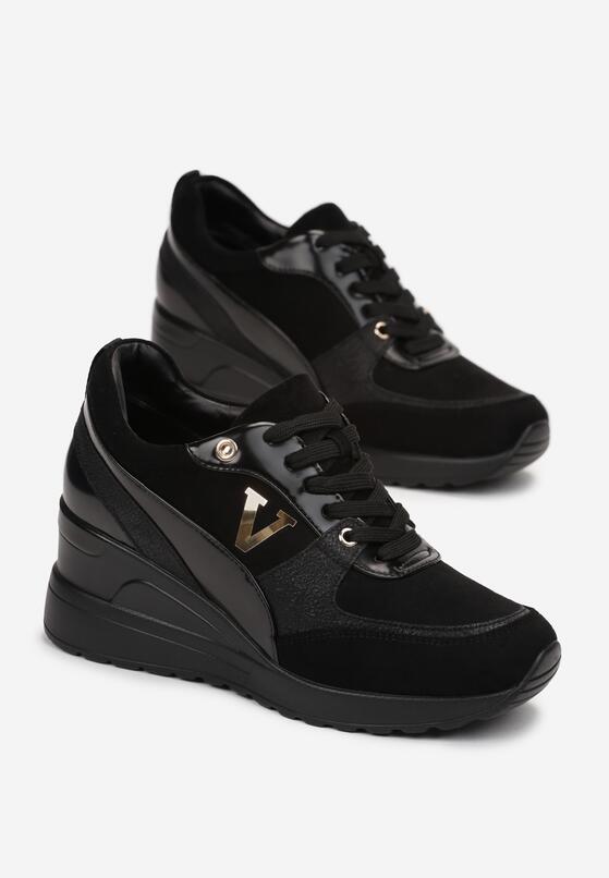 Czarne Sznurowane Sneakersy na Koturnie z Metalicznymi Wstawkami Pionamera 4