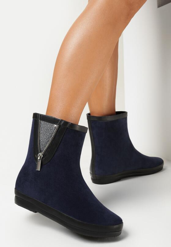 Granatowe Kalosze Ozdobione Suwakiem i Brokatowym Materiałem z Boku Briona 1