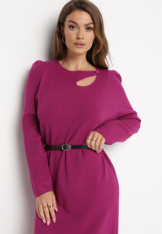 Fuksjowa Sukienka Midi o Pudełkowym Fasonie z Wycięciem przy Dekolcie Diamantino 4