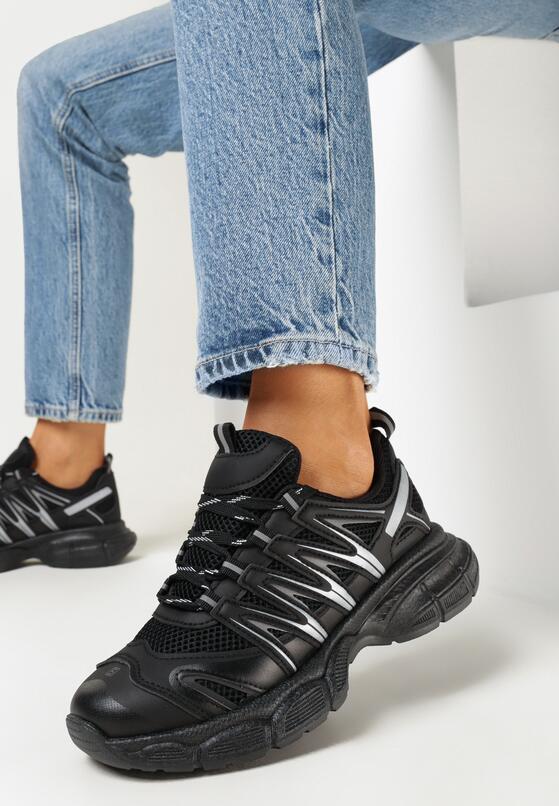 Czarne Klasyczne Sneakersy na Płaskiej Podeszwie ze Sznurowaniem i Przeszyciami Althona 2