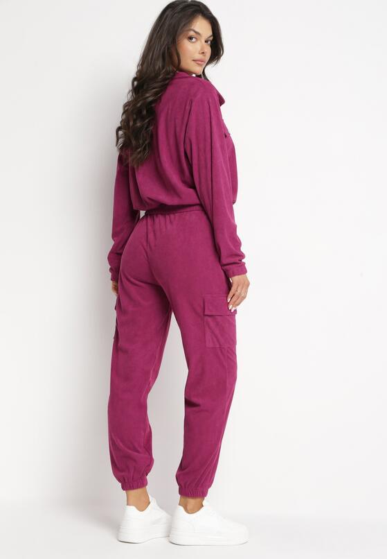 Fioletowy Komplet Casual Kurtka w Typie Bomber i Spodnie z Kieszeniami z Klapami Montese 3