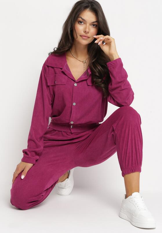 Fioletowy Komplet Casual Kurtka w Typie Bomber i Spodnie z Kieszeniami z Klapami Montese 4