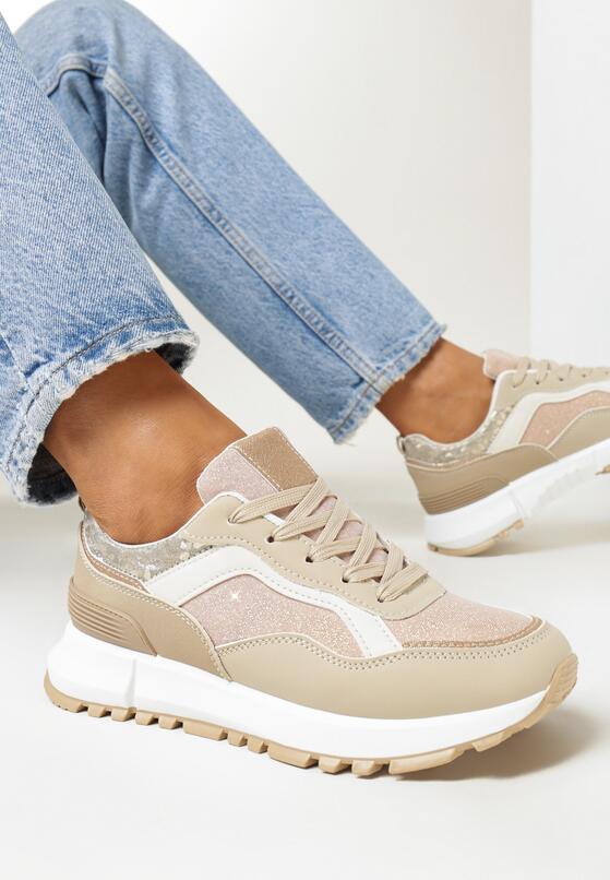 Ciemnobeżowe Sneakersy Ozdobione Brokatem Noara 1