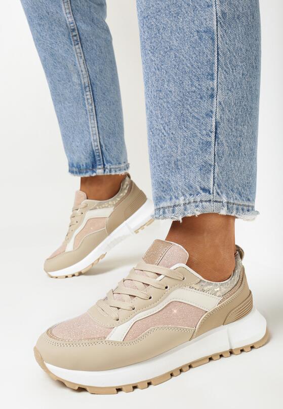 Ciemnobeżowe Sneakersy Ozdobione Brokatem Noara 2