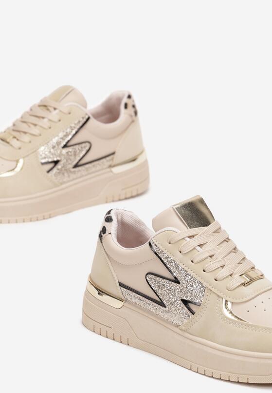 Beżowe Sznurowane Sneakersy na Płaskiej Podeszwie z Metaliczną i Brokatową Wstawką Mebassa 5