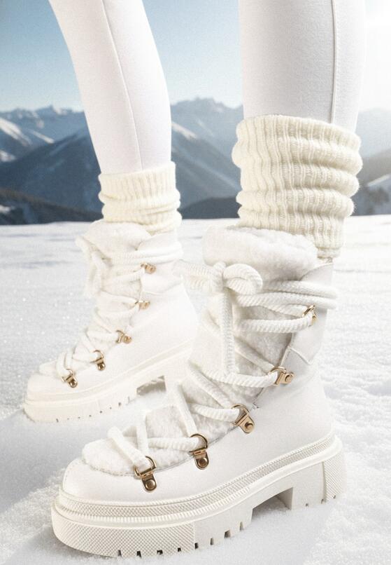 Białe Botki Traperki z Ozdobnym Sznurowaniem i Kożuszkiem Godhilde 1