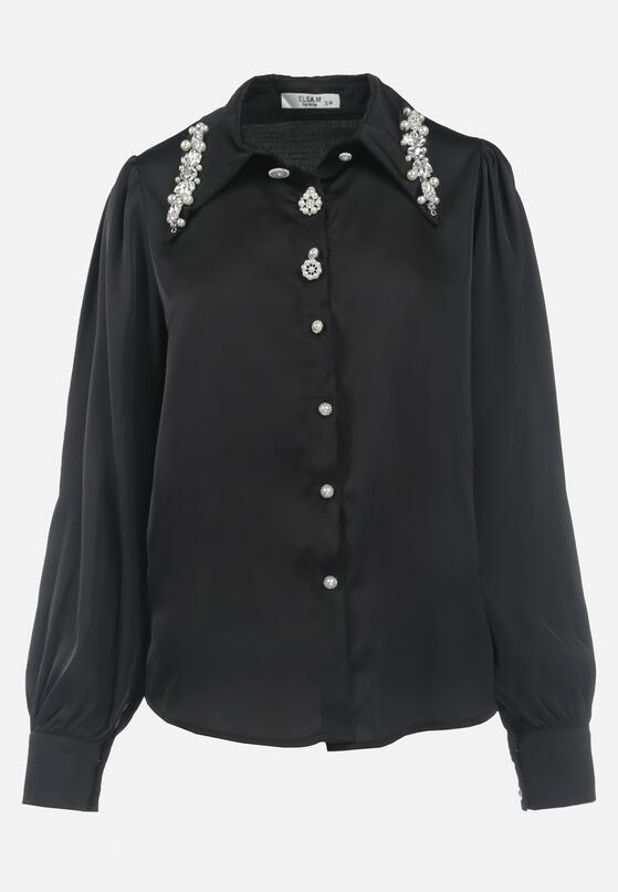 Czarna Koszula Vintage z Biżuteryjnymi Guzikami i Kryształkami Przy Kołnierzu Suttave 6
