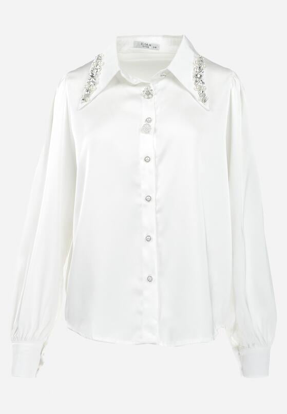 Biała Koszula Vintage z Biżuteryjnymi Guzikami i Kryształkami Przy Kołnierzu Suttave 6