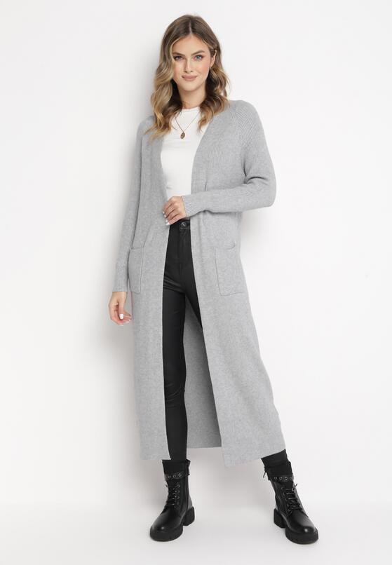 Jasnoszary Długi Kardigan Bez Zapięcia z Kieszeniami Ceddelia 2
