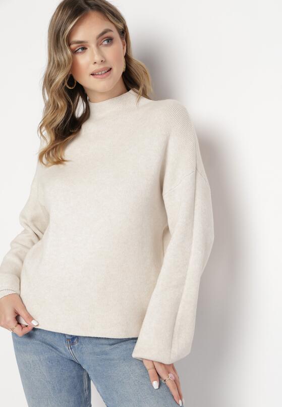 Beżowy Gładki Sweter z Golfem Swenua 1