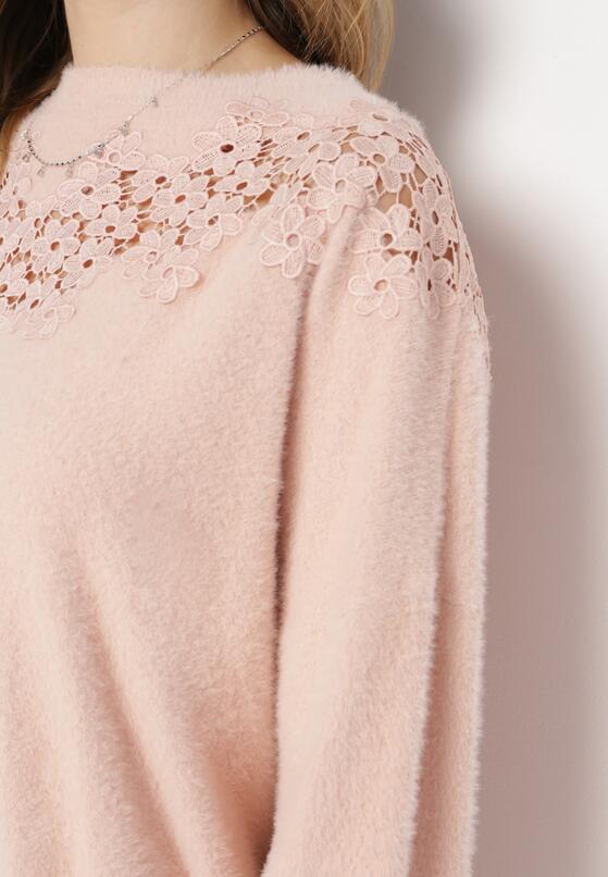 Różowy Sweter z Kaszmirem i Koronkową Wstawką Polidura 5