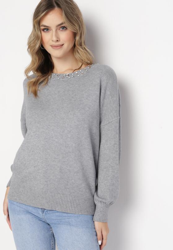 Szary Kaszmirowy Sweter w Cyrkonie Varelia 2