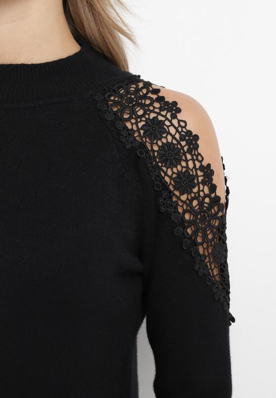 Czarny Sweter z Kaszmirem i Angorą Ozdobiony Koronką na Ramionach Leomina 5