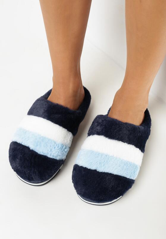 Granatowe Kapcie z Futerka w Szerokie Paski Pasqualina 2