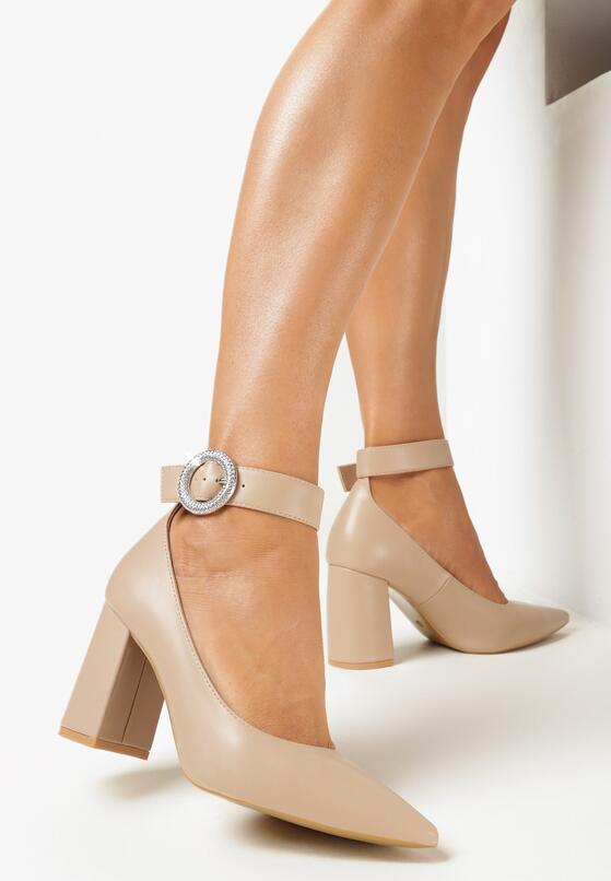 Beżowe Czółenka na Słupku z Paskiem w Cyrkonie Trilobina 2