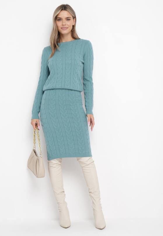 Zielony Komplet Dzianinowy z Kaszmirem ze Spódnicą i Swetrem Nunciata 1