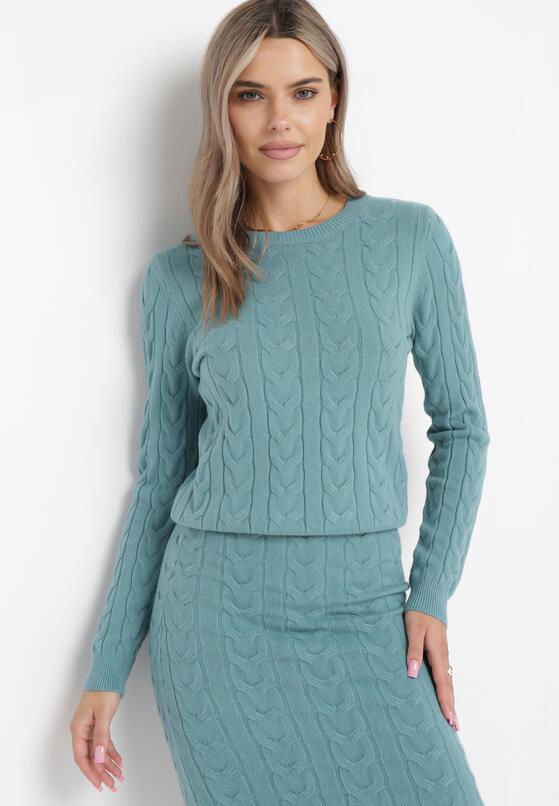 Zielony Komplet Dzianinowy z Kaszmirem ze Spódnicą i Swetrem Nunciata 4