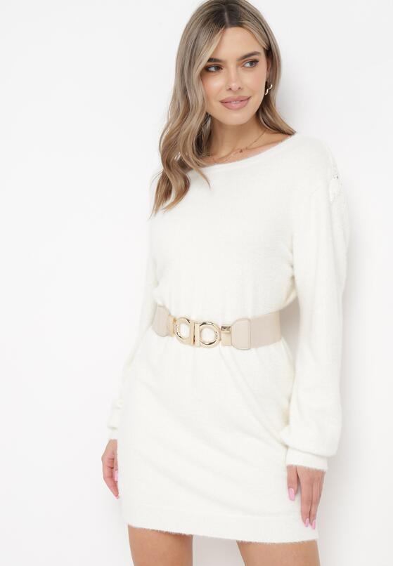 Jasnobeżowa Dzianinowa Tunika Sukienka Mini z Kaszmirem i Ozdobnym Wycięciem Cenamia 2