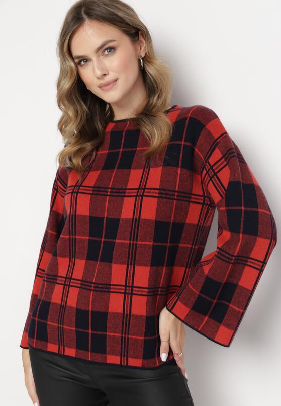 Czerwony Sweter w Kratę z Rozkloszowanymi Rękawami Lerove 1