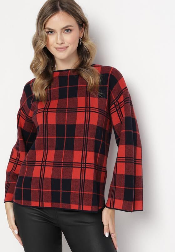 Czerwony Sweter w Kratę z Rozkloszowanymi Rękawami Lerove 2