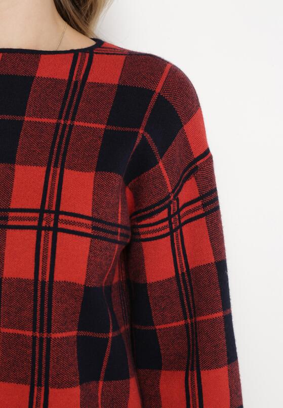Czerwony Sweter w Kratę z Rozkloszowanymi Rękawami Lerove 5