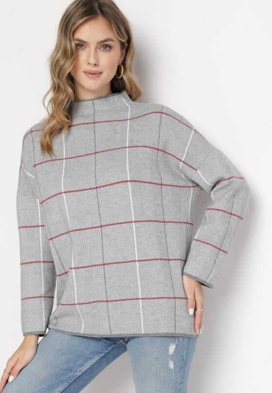 Szaro-Czerwony Sweter Golf ze Wzorem w Kratę Winceha 2
