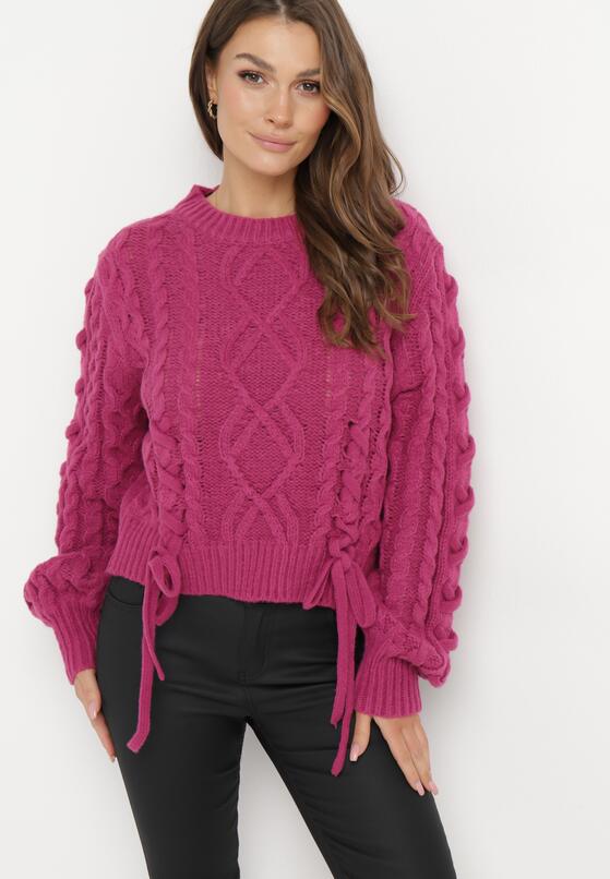 Fuksjowy Klasyczny Sweter ze Ściągaczami i Ozdobnym Sznurowaniem Nabira 2