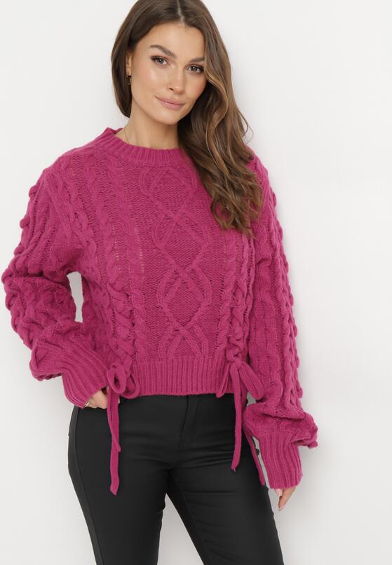 Fuksjowy Klasyczny Sweter ze Ściągaczami i Ozdobnym Sznurowaniem Nabira 4
