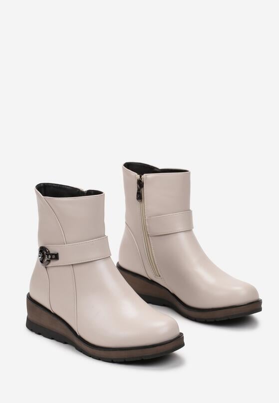 Beżowe Botki na Niskim Koturnie z Ozdobną Klamrą Osiallo 4