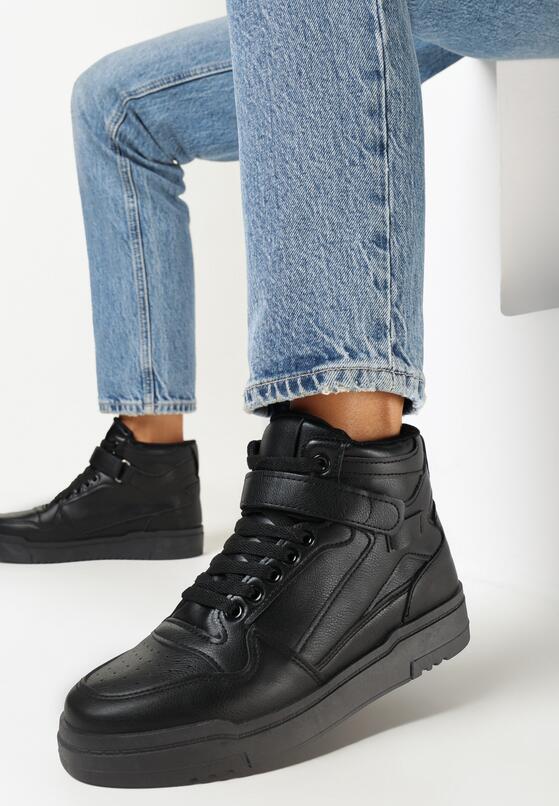 Czarne Sneakersy za Kostkę z Paskiem na Rzep i Ozdobną Saszetką Brenhile 1