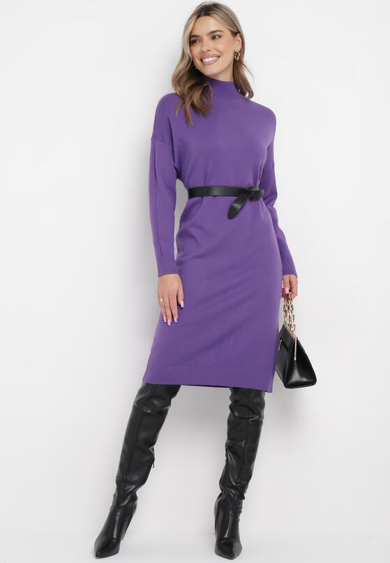 Ciemnofioletowa Sukienka Dzianinowa z Golfem i Paskiem Evus 1