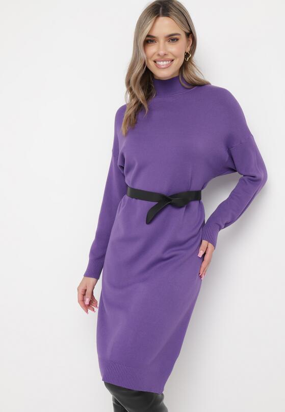Ciemnofioletowa Sukienka Dzianinowa z Golfem i Paskiem Evus 4