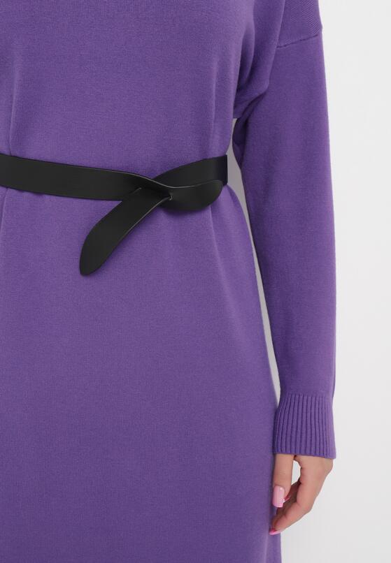 Ciemnofioletowa Sukienka Dzianinowa z Golfem i Paskiem Evus 5
