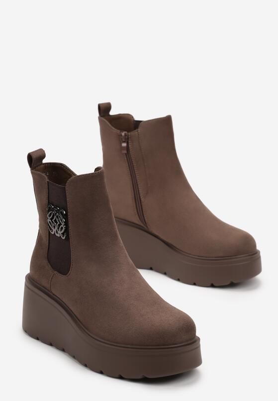 Ciemnobeżowe Botki z Imitacji Zamszu na Koturnie z Platformą Brelone 4