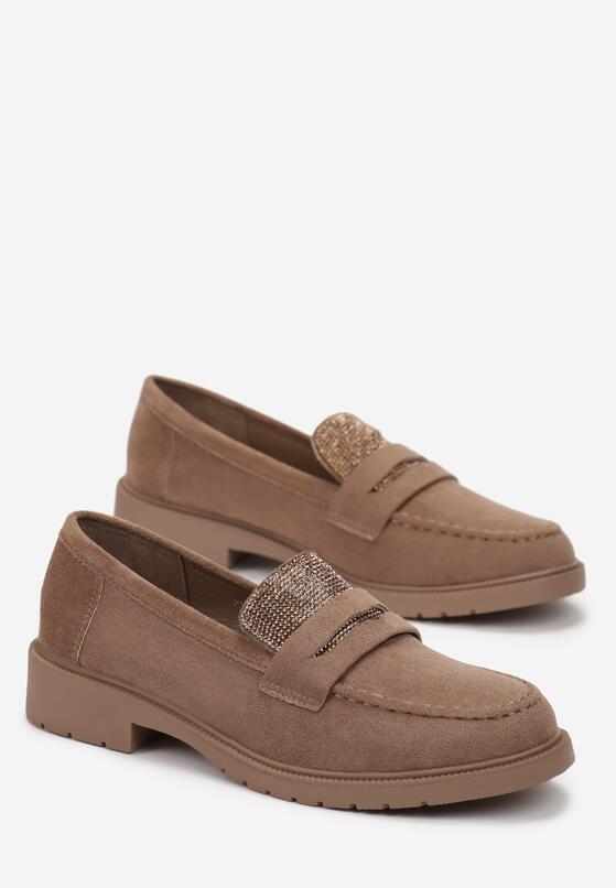 Ciemnobeżowe Mokasyny z Ekozamszu z Cyrkoniami na Języku Hermesind 4