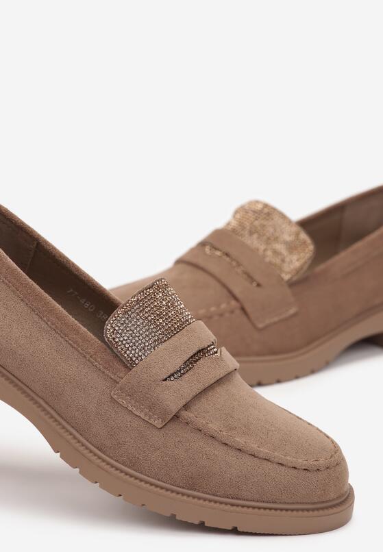 Ciemnobeżowe Mokasyny z Ekozamszu z Cyrkoniami na Języku Hermesind 5