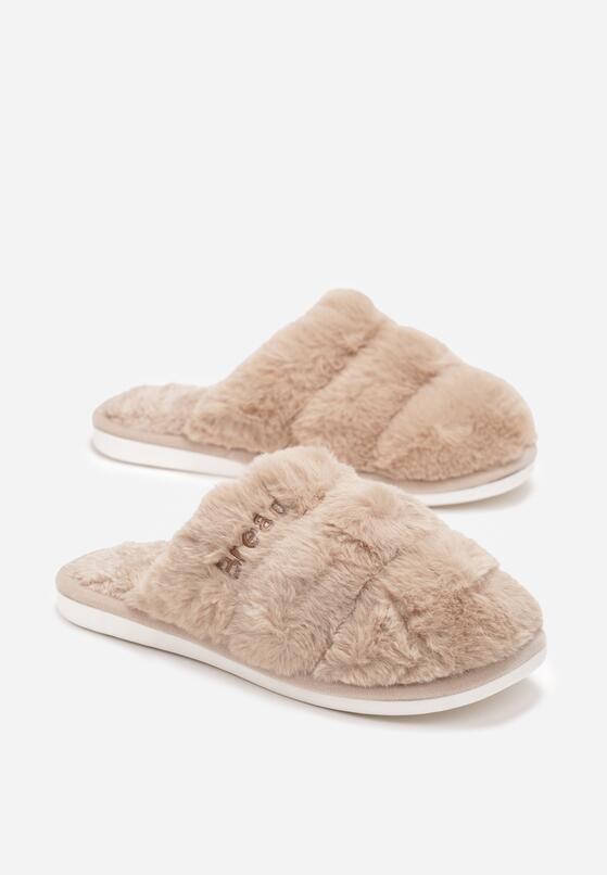 Ciemnobeżowe Kapcie z Ciepłego Futerka z Ozdobnym Haftem Iciakene 4