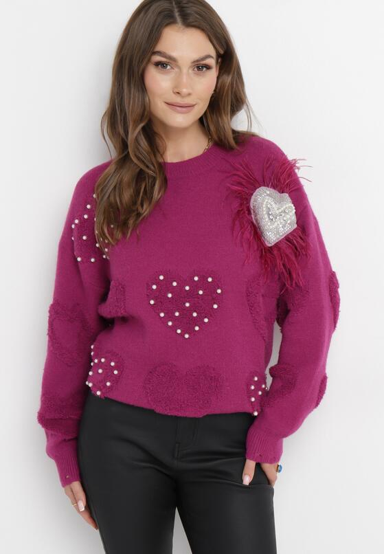 Fioletowy Sweter z Naszywkami w Perły i Cyrkonie Aljia 1