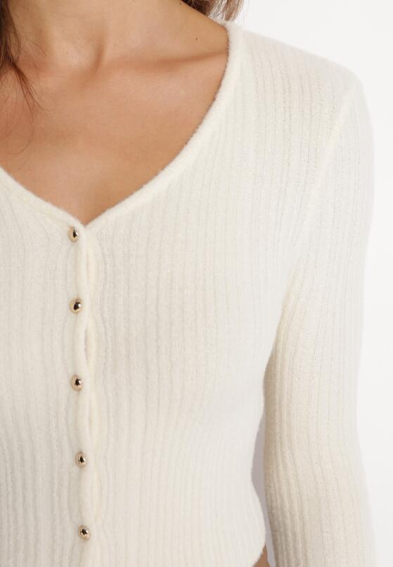 Jasnobeżowy Krótki Kardigan z Prążkowanej Dzianiny Okorra 5