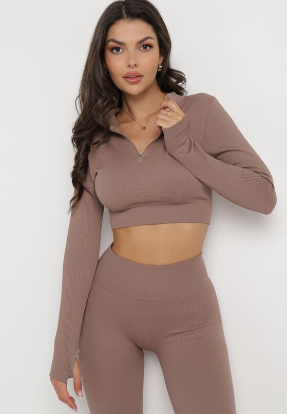 Brązowy Komplet Sportowy z Prążkowanej Dzianiny Bluzka Cropped i Legginsy Solumis 4