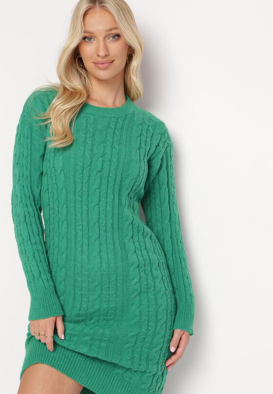 Zielona Sweterkowa Sukienka Midi Ozdobiona Splotem w Warkocze Toddis 1