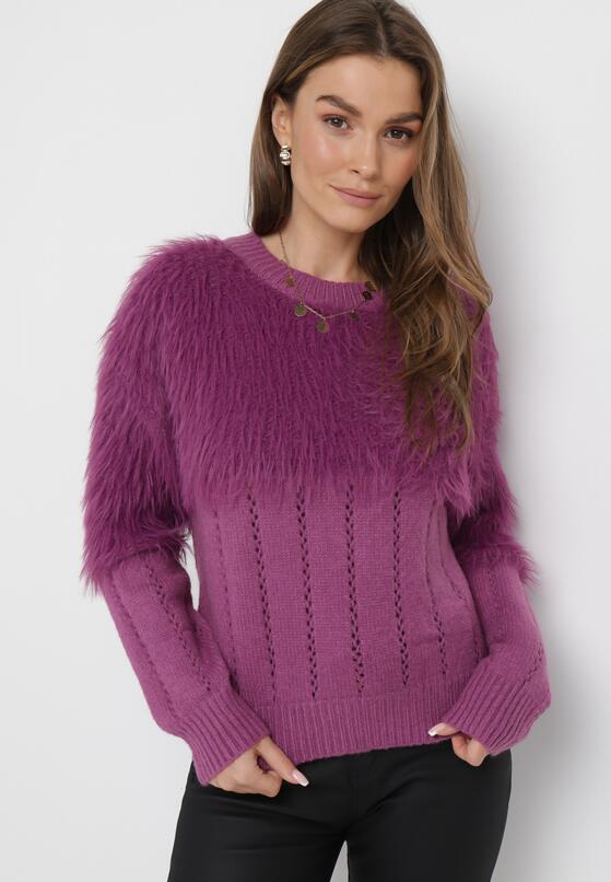 Fioletowy Sweter o Klasycznym Kroju z Puchatego Materiału Hellende 2